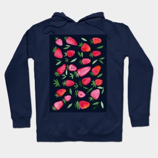 Watercolors strawberries - red and green on dark background Hoodie